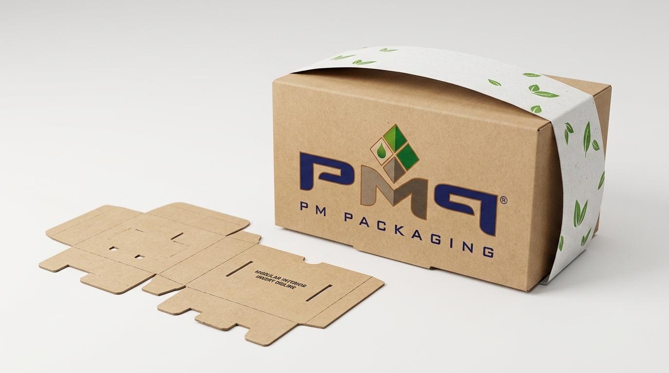Core paperboard folding carton alongside a promotional belly-band sleeve and modular insert dieline with PM Packaging logo