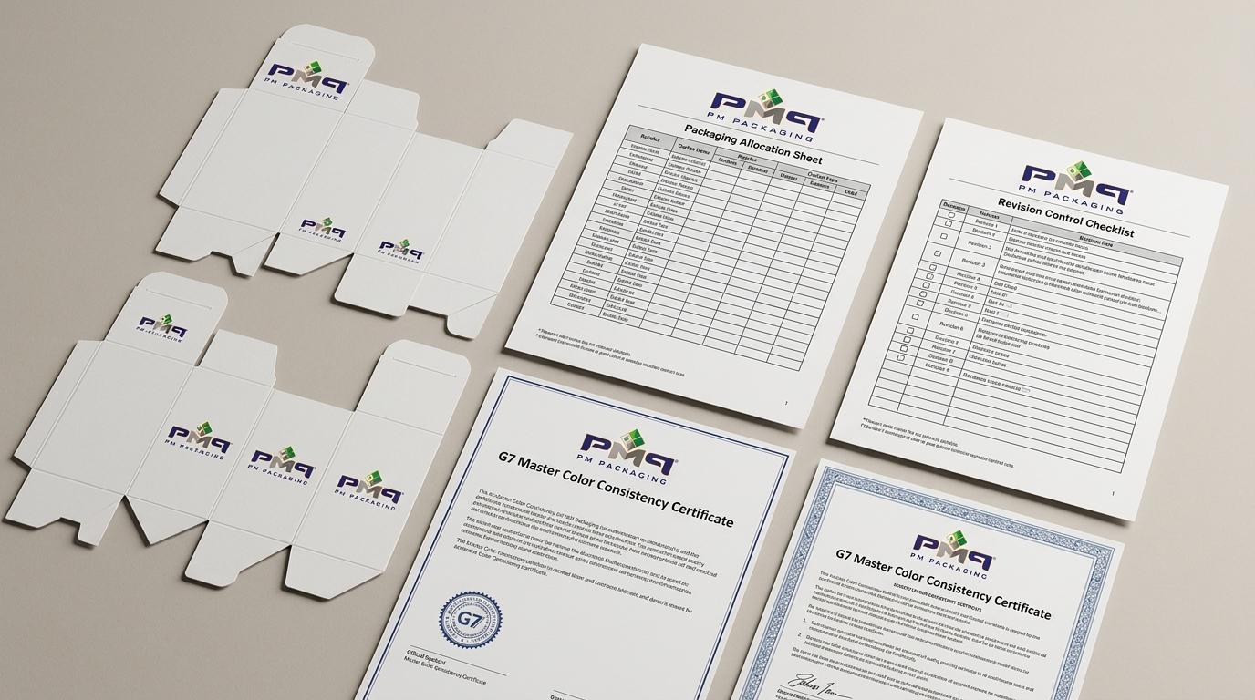 Multi-retailer chain packaging allocation sheet, revision control checklist, and G7 Master color consistency certificate with PM Packaging logo