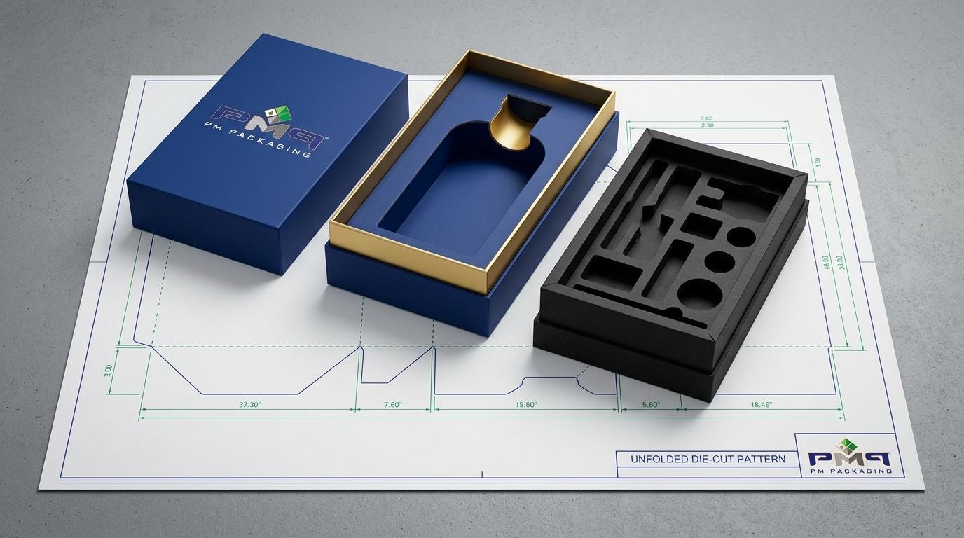 Custom shoulder-neck rigid setup box base, lift-out multi-tier precision die-cut paperboard insert tray, and CAD structural dieline blueprint with PM Packaging branding