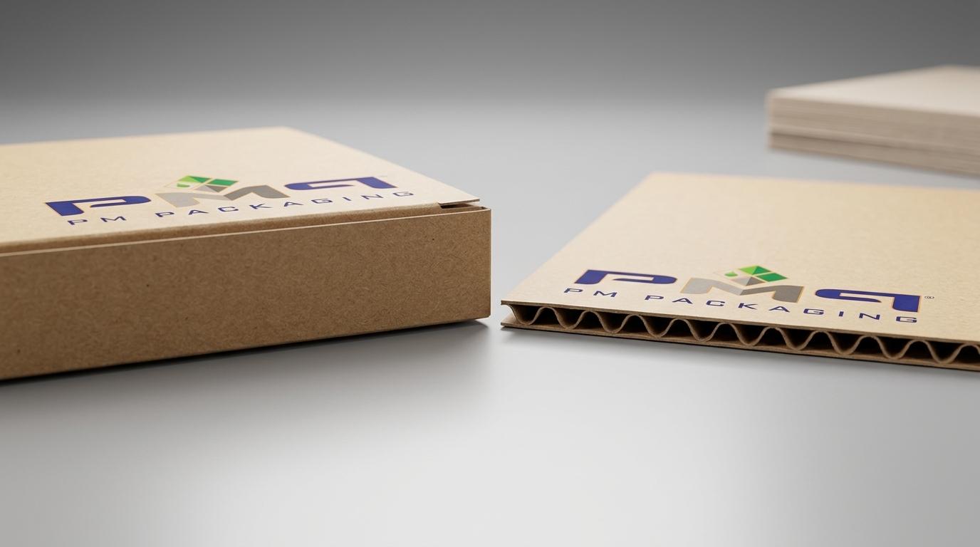 Edge profiles of a paperboard folding carton next to a fluted Single-Face Laminated (SFL) sheet with PM Packaging logo