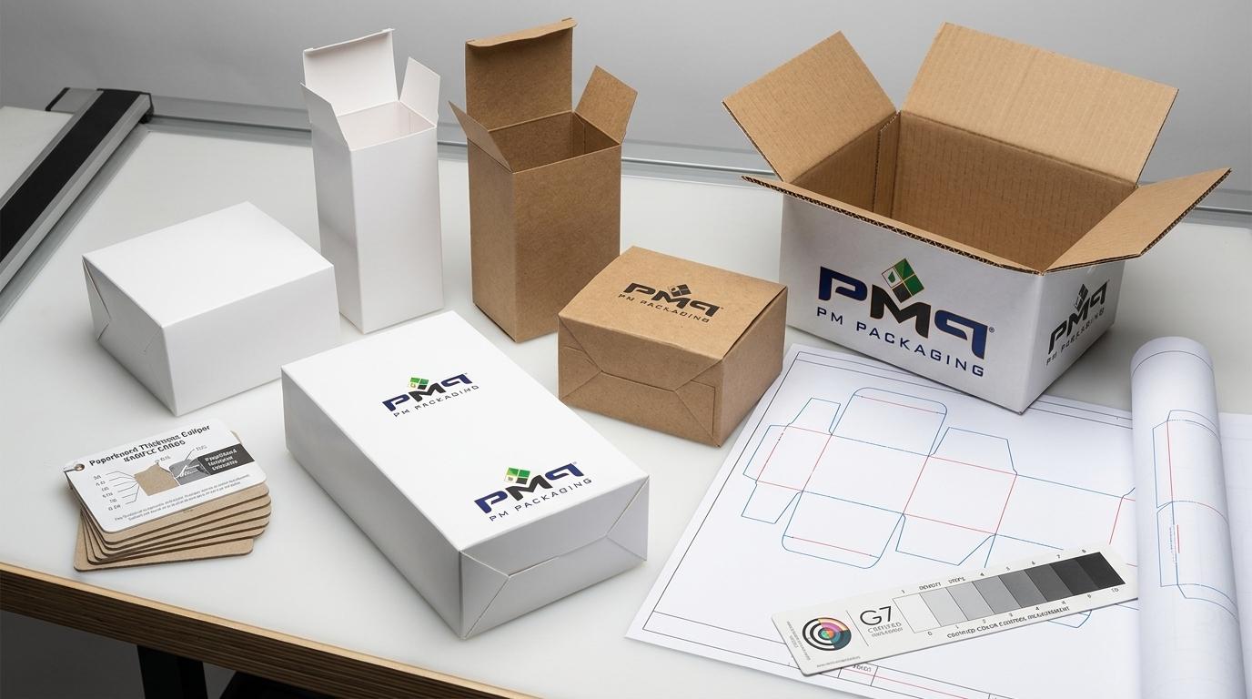 Commercial paperboard packaging structural qualification and substrate inspection assets featuring PM Packaging branding