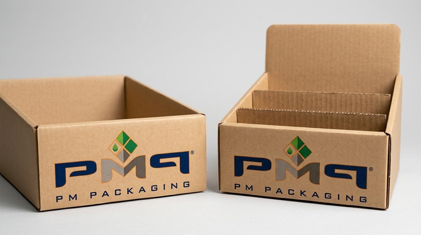 Custom corrugated retail display PDQ tray with PM Packaging logo
