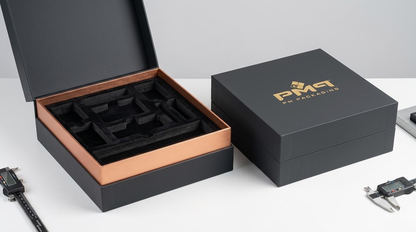 Luxury two-piece shoulder neck rigid setup box with precision multi-cavity velvet insert and companion box with PM Packaging logo