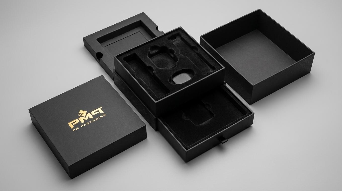 Open multi-tier shoulder neck luxury rigid setup box with precision multi-cavity velvet insert alongside companion box with PM Packaging logo