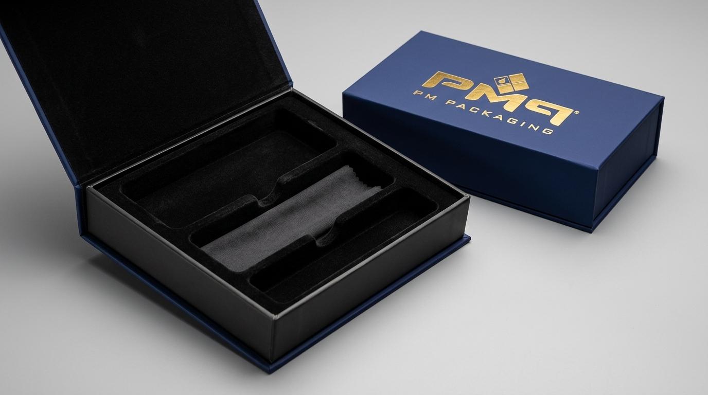 Open luxury rigid setup box with precision multi-cavity velvet-flocked insert alongside closed companion box with PM Packaging logo