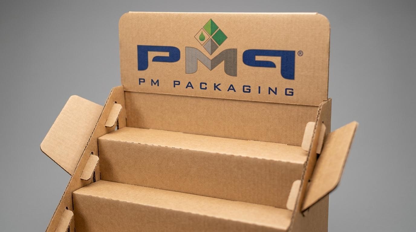 Corrugated counter display unit showing precision locking tabs, stepped shelf tiers, and side brand wing panels with PM Packaging logo