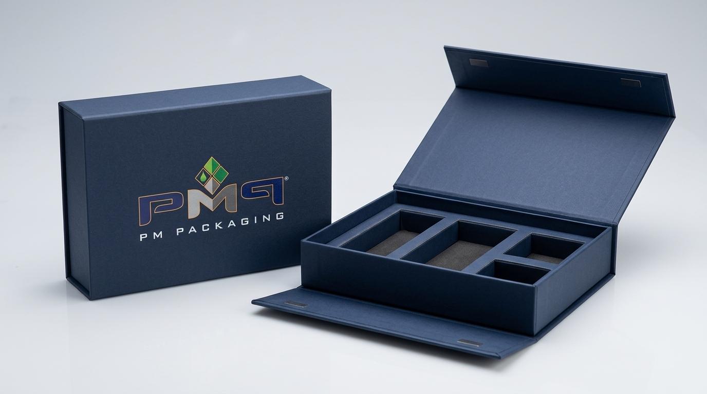 Open magnetic closure rigid box showing interior tray insert alongside closed rigid box with PM Packaging logo