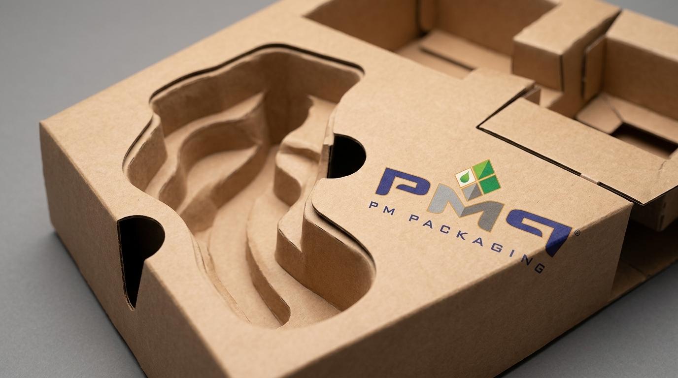 Modular paperboard packaging insert showing precision finger notches, cavity contouring, and surface finishing with PM Packaging logo
