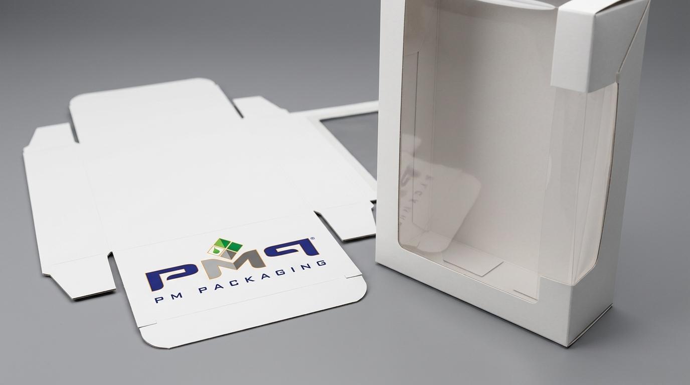 Paperboard carton die-cut window dieline blank showing the interior film overlap zone with PM Packaging logo