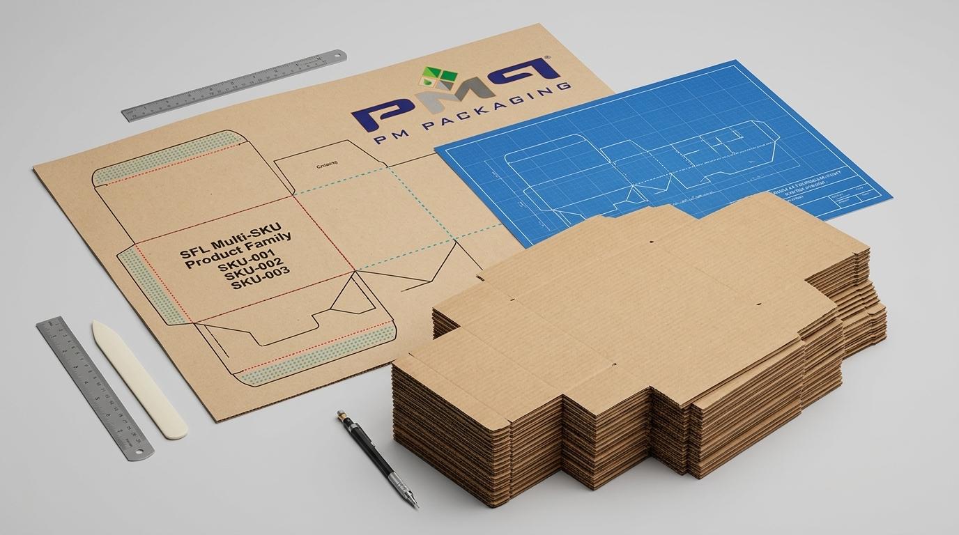 SFL multi-SKU product family dieline matrix sheet and modular paperboard insert blueprint alongside stacked SFL fluted box blanks with PM Packaging logo