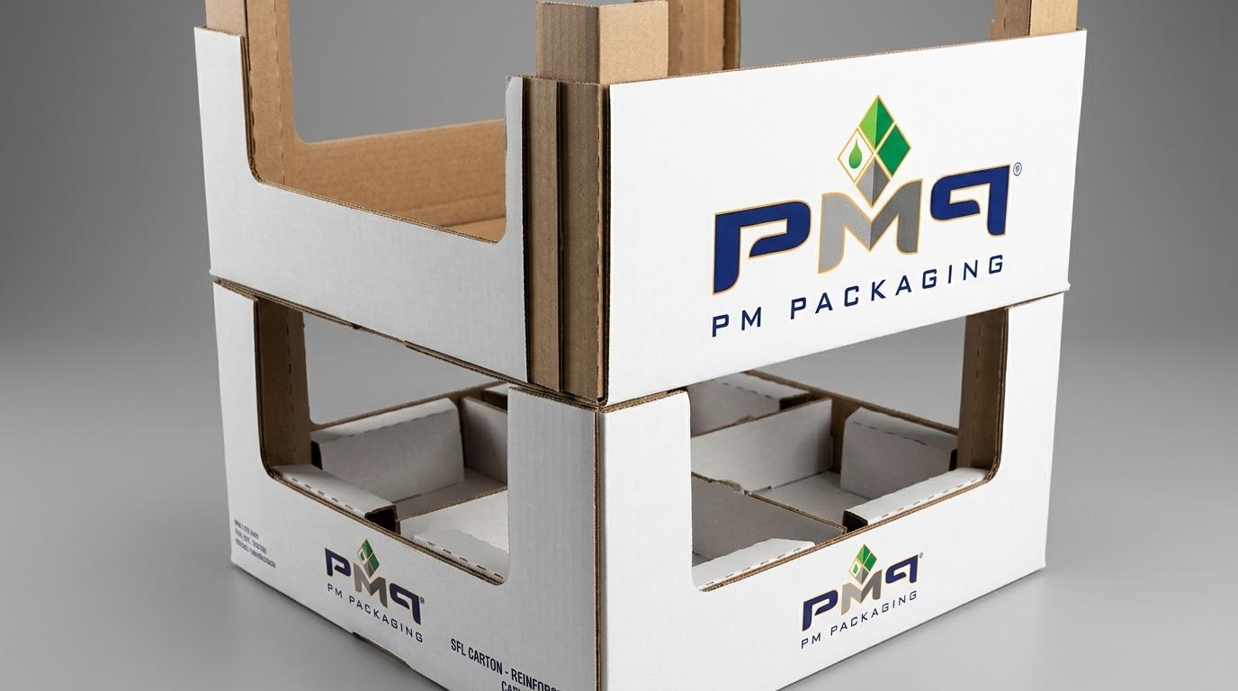 Close-up of heavy-duty SFL retail carton stacked beneath another SFL carton showing corner reinforcement and paperboard insert support with PM Packaging logo
