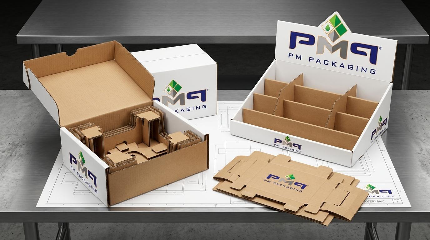Commercial HVAC packaging structural engineering components showing heavy-duty B-flute SFL motor suspension insert box, 2-in-1 wholesale counter PDQ display tray with stepped dividers, and technical CAD dieline blanks with PM Packaging branding