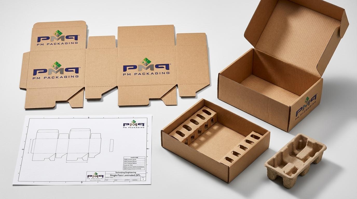 Heavy-duty SFL power tool packaging structural components including flat CAD dieline blank with score matrix channels, assembled B-flute RETT box, all-paperboard suspension insert cradle with air cells, and molded fiber endcap with PM Packaging logo