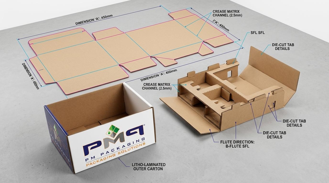 Heavy-duty SFL EV wallbox packaging structural components including flat CAD dieline blank with crease matrix channels, assembled split-level cable suspension tray, and litho-laminated carton with official PM Packaging branding