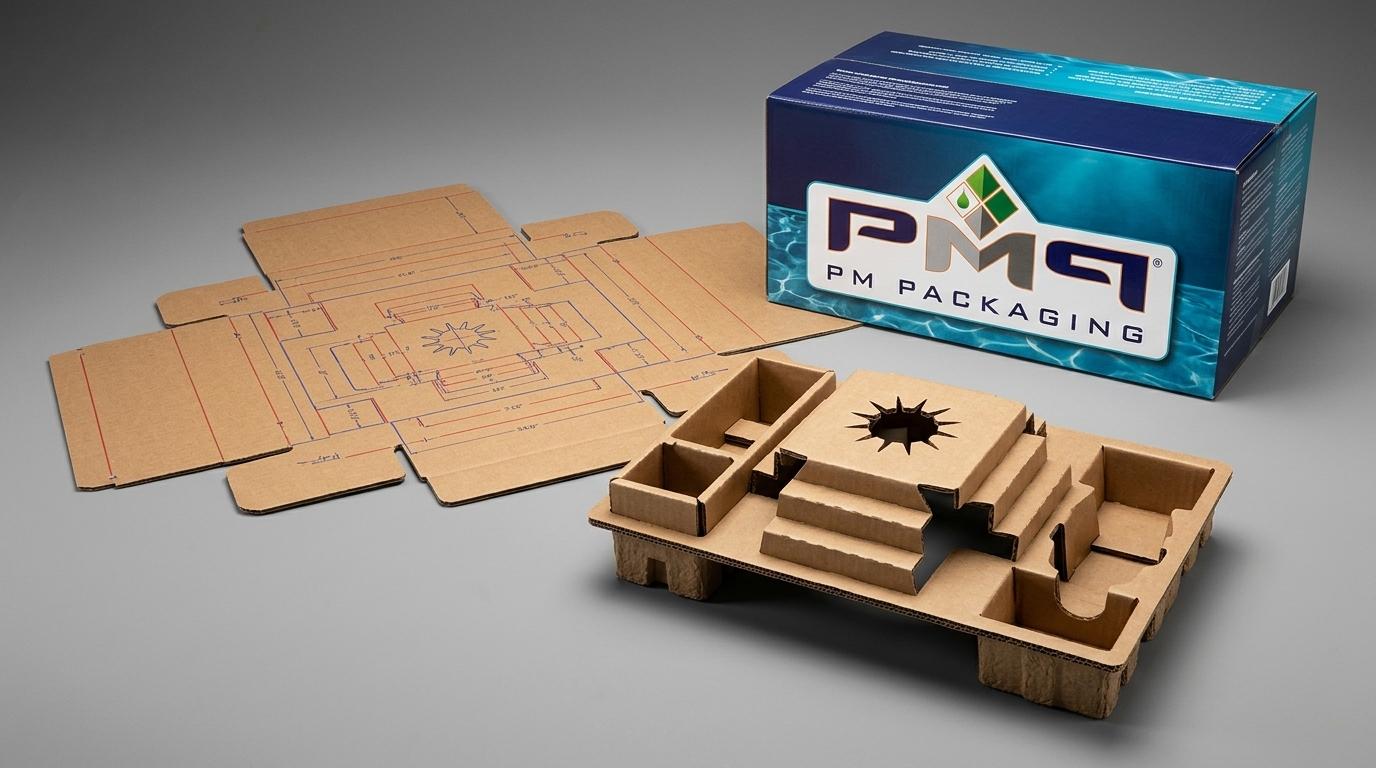 Exploded packaging engineering breakdown showing CAD dieline blank, assembled all-corrugated suspension insert tray with starburst locking collar, and litho-laminated outer carton with official PM Packaging logo