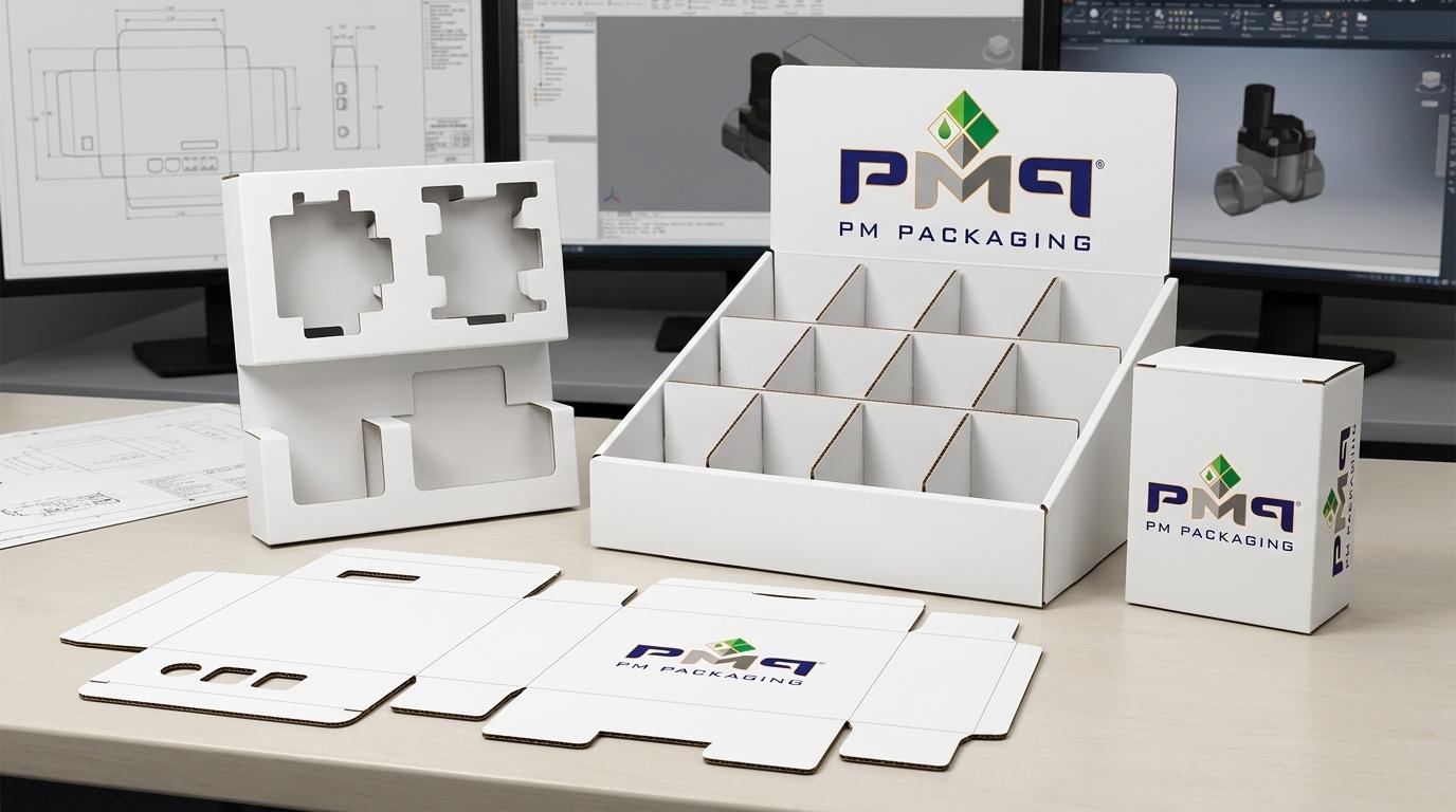 Commercial packaging structural engineering components for smart irrigation showing flat CAD dieline blank, folded two-tier SBS controller suspension tray insert, assembled 12-cell wholesale counter PDQ display tray, and auto-bottom solenoid valve carton with PM Packaging branding