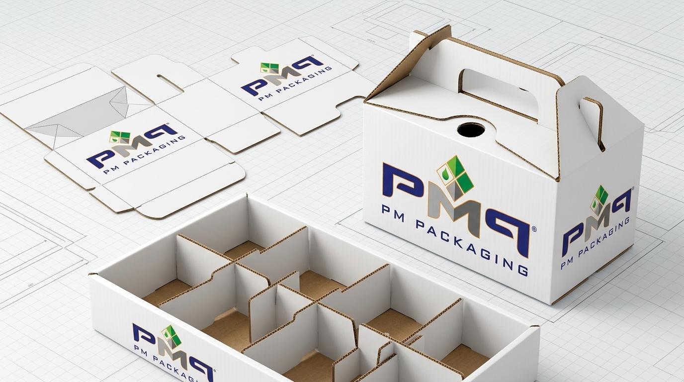 Commercial structural packaging engineering components for lawn care showing flat CAD dieline blank with sift-proof baffles, assembled auto-bottom spreader carton with built-in handle bridge and dispensing orifice, and wholesale retail counter PDQ display tray featuring official PM Packaging branding