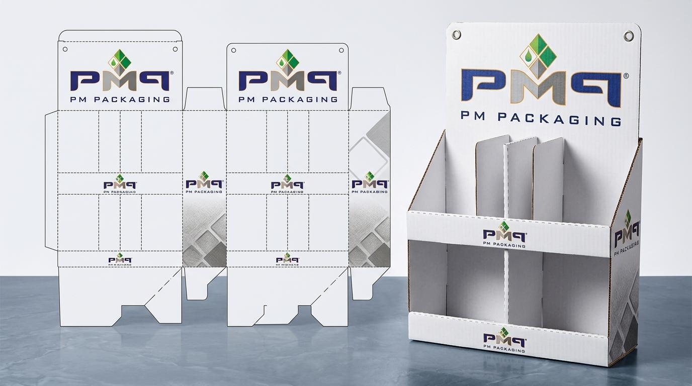 Flat unfolded CAD dieline blank of an SFL sidekick display alongside an erected hanging retail sidekick display featuring PM Packaging branding