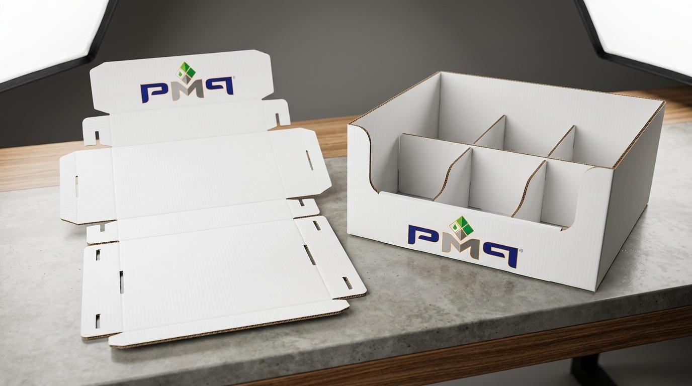 Litho-Laminated Single Face Laminate SFL flat dieline blank alongside an erected club store display tray with internal partitions featuring PM Packaging branding