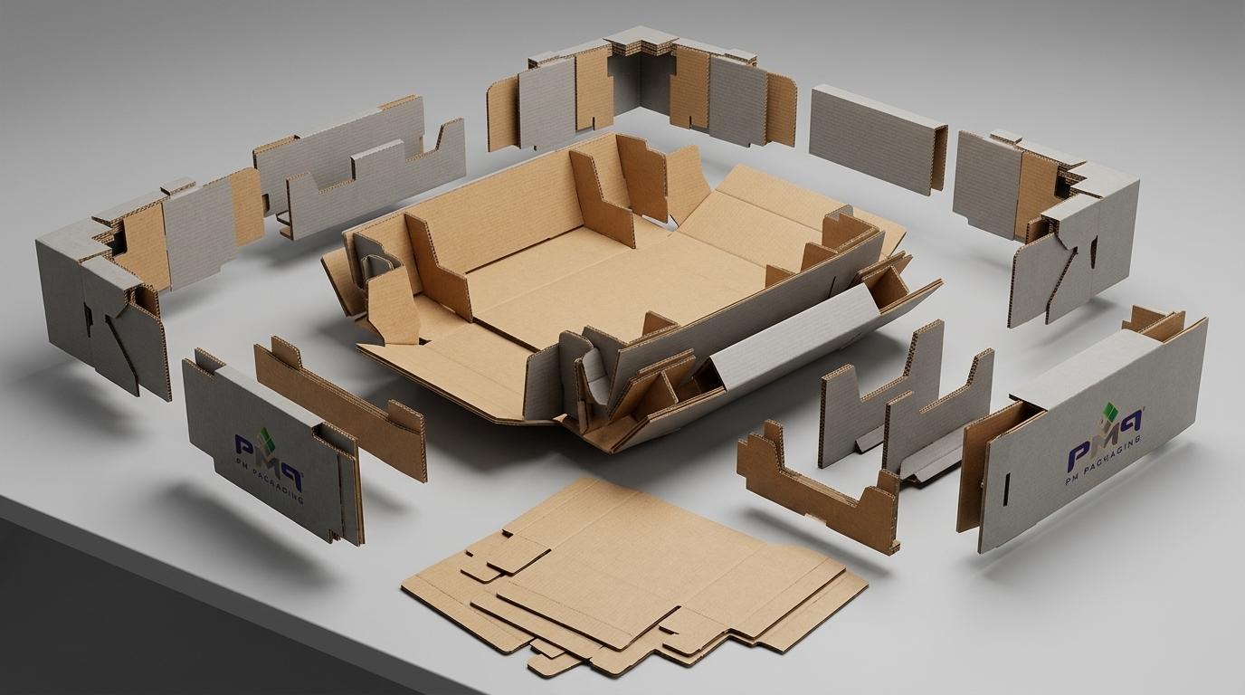 Heavy-duty die-cut fluted paperboard insert suspension trays, precision perimeter corner cushions, and microflute carton structures featuring PM Packaging branding
