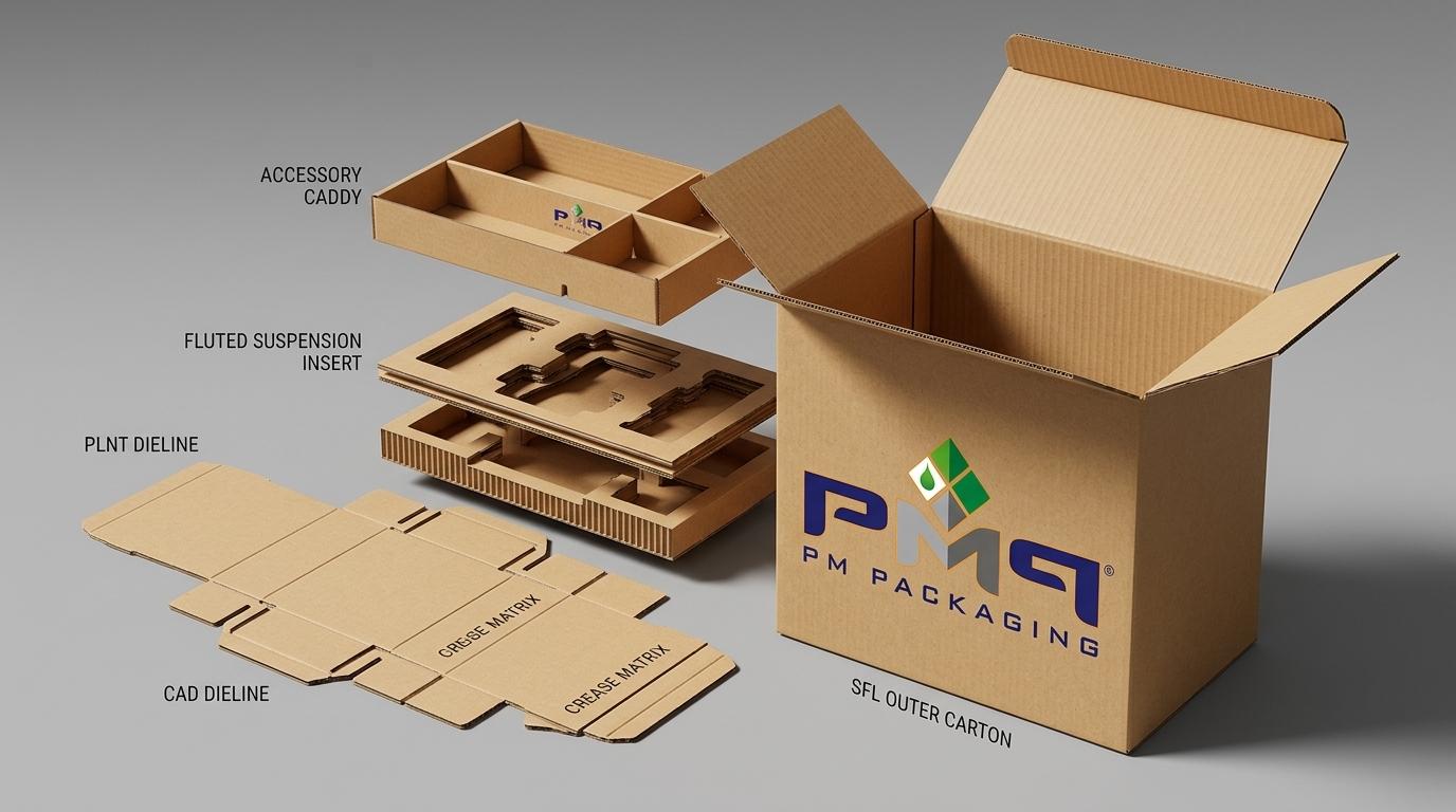 Exploded packaging engineering components for solar generator packaging: flat CAD dieline blank, multi-tier corrugated suspension insert platform, accessory caddy insert tray, and litho-laminated outer carton displaying official PM Packaging branding