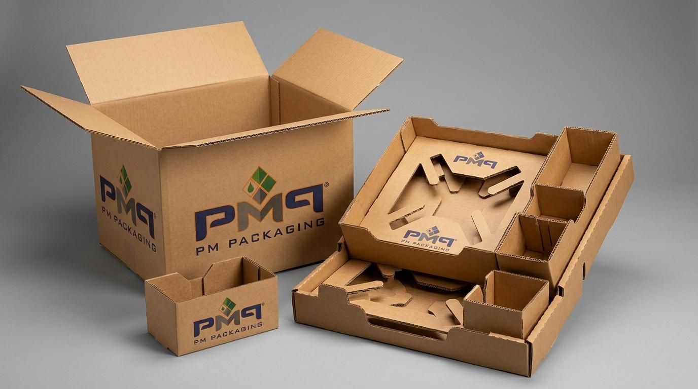 Engineered single-face lamination master carton with precision multi-tier die-cut corrugated suspension insert trays and accessory compartments featuring PM Packaging branding