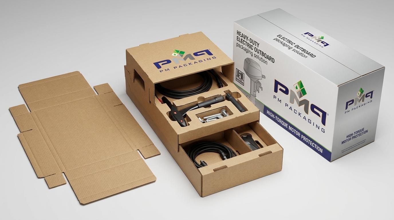 Heavy-duty SFL electric outboard boat motor packaging structural engineering components including flat CAD dieline blank, multi-tier corrugated accessory suspension tray, and litho-laminated master box with PM Packaging branding