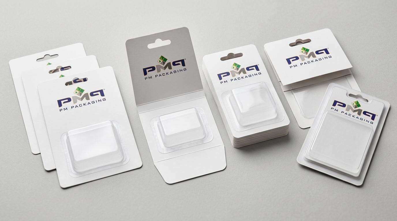 Standardized blister card packaging structures with single-seal, fold-over, and trapped blister cards featuring Euro Sombrero hang hole punches and PM Packaging branding