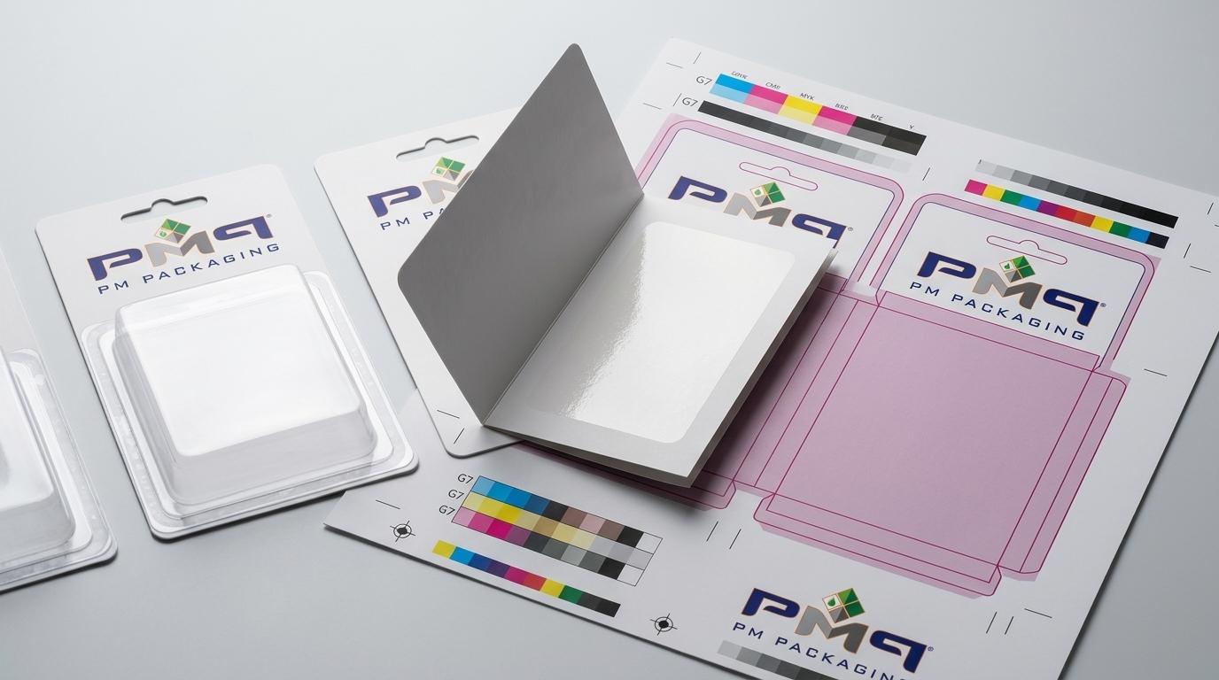 Engineered blister card packaging structures displaying heat-seal coating zones, fold-over cards, empty thermoformed RPET blisters, and G7 color-calibrated multi-up press sheets with PM Packaging branding