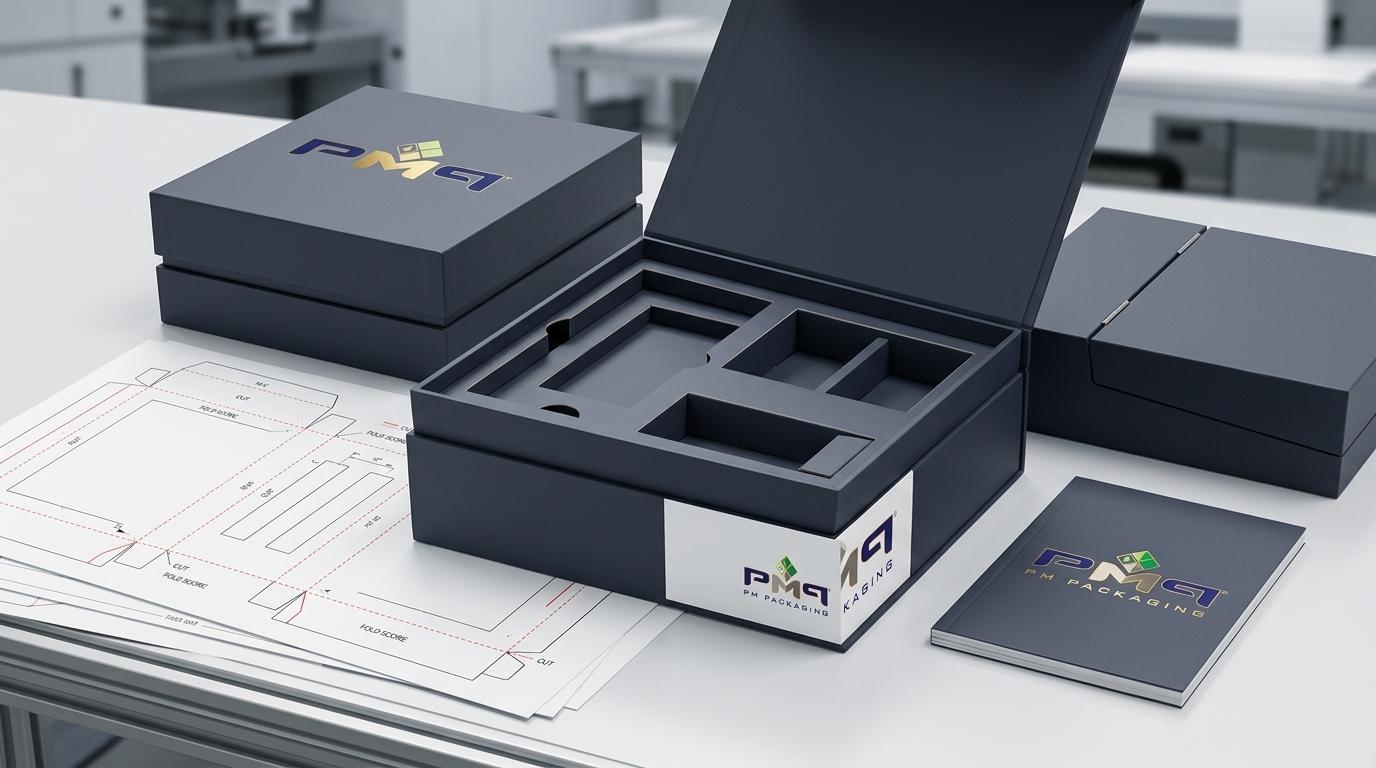 Custom modular rigid setup boxes, multi-tiered die-cut paperboard insert platforms, and engineering CAD dieline blanks with PM Packaging branding