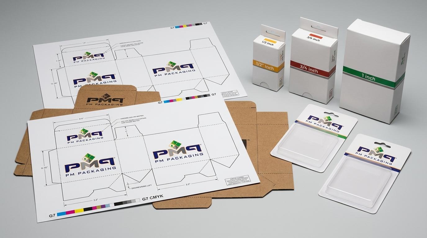 Engineered commercial electrical fitting packaging dielines, standardized auto-bottom folding cartons, and G7 certified press sheets by PM Packaging