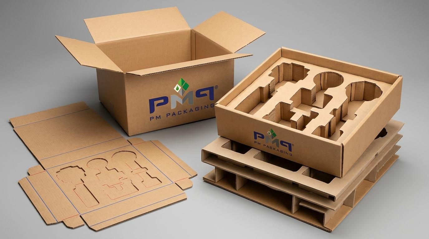 Commercial structural packaging engineering displaying precision microflute corrugated insert trays with accessory cavity cutouts, CAD dielines, and auto-bottom boxes with official PM Packaging branding