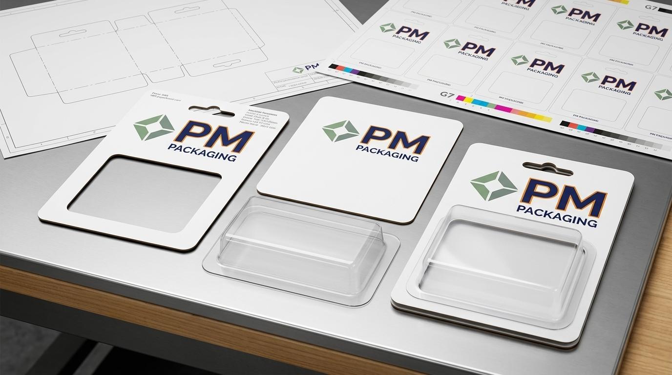 Commercial blister card structural engineering components showing two-piece trapped aperture cards, solid backer cards, thermoformed RPET blister trays with precision sealing flanges, and multi-up gang press sheets featuring PM Packaging branding