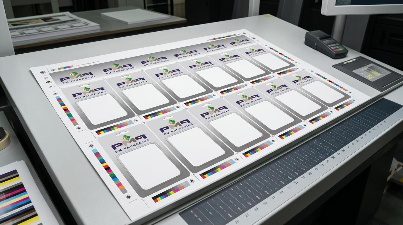 Multi-up trapped blister card gang press sheet with G7 color bars, CAD dieline blanks, and PM Packaging branding
