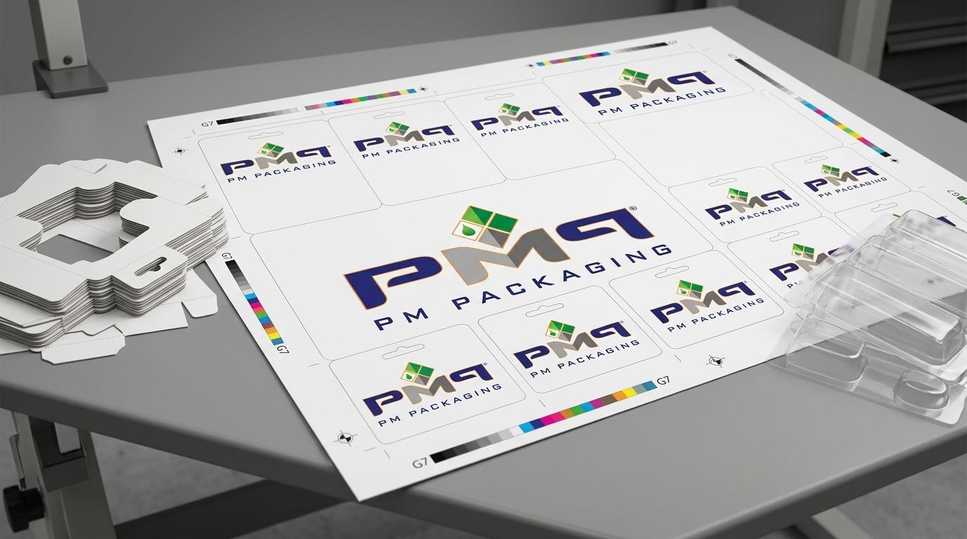 Multi-up trapped blister card gang press sheet with G7 color bars, CAD dieline blanks, and PM Packaging branding