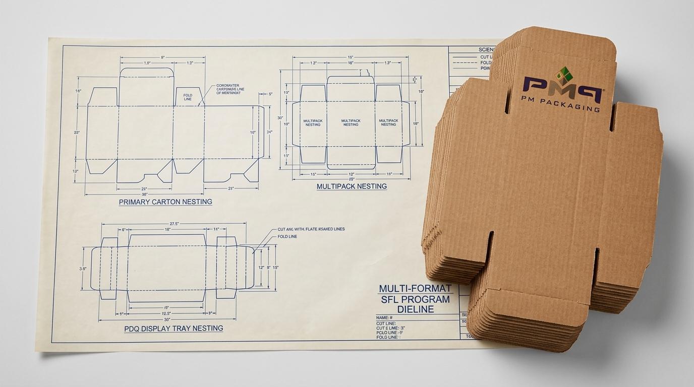 Multi-format SFL program dieline architecture blueprint showing primary carton, multipack, and PDQ display tray nesting schematics with PM Packaging logo