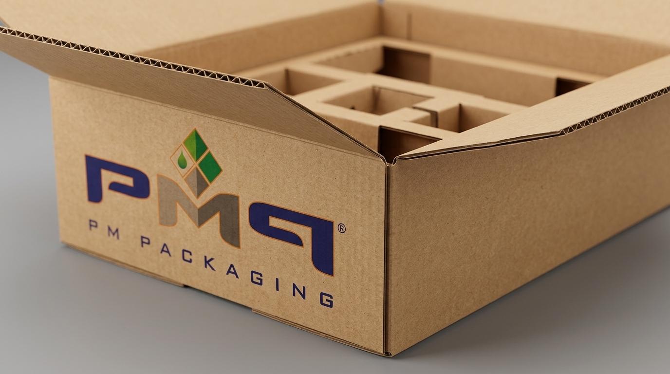 Heavy-duty SFL retail carton showing fluted edge profile, reinforced score lines, and custom internal paperboard insert with PM Packaging logo