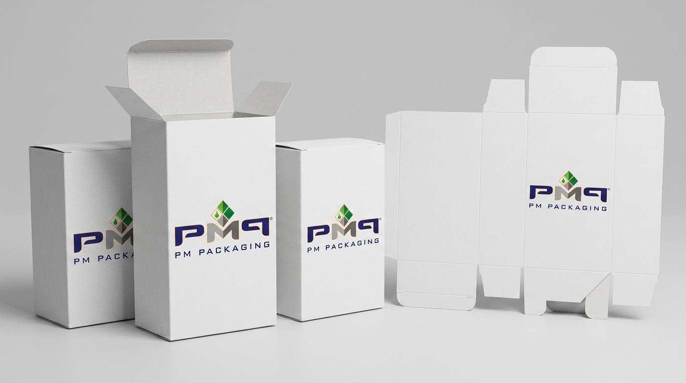 Production-representative custom paperboard folding cartons and auto-bottom packaging blanks with PM Packaging logo