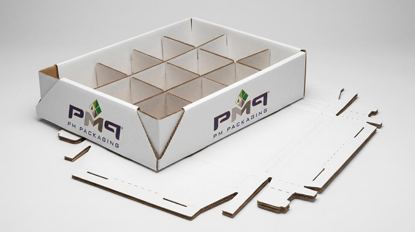 Litho-Laminated Single Face Laminate SFL club store pallet display tray with internal partitions and flat CAD dieline blank featuring PM Packaging branding