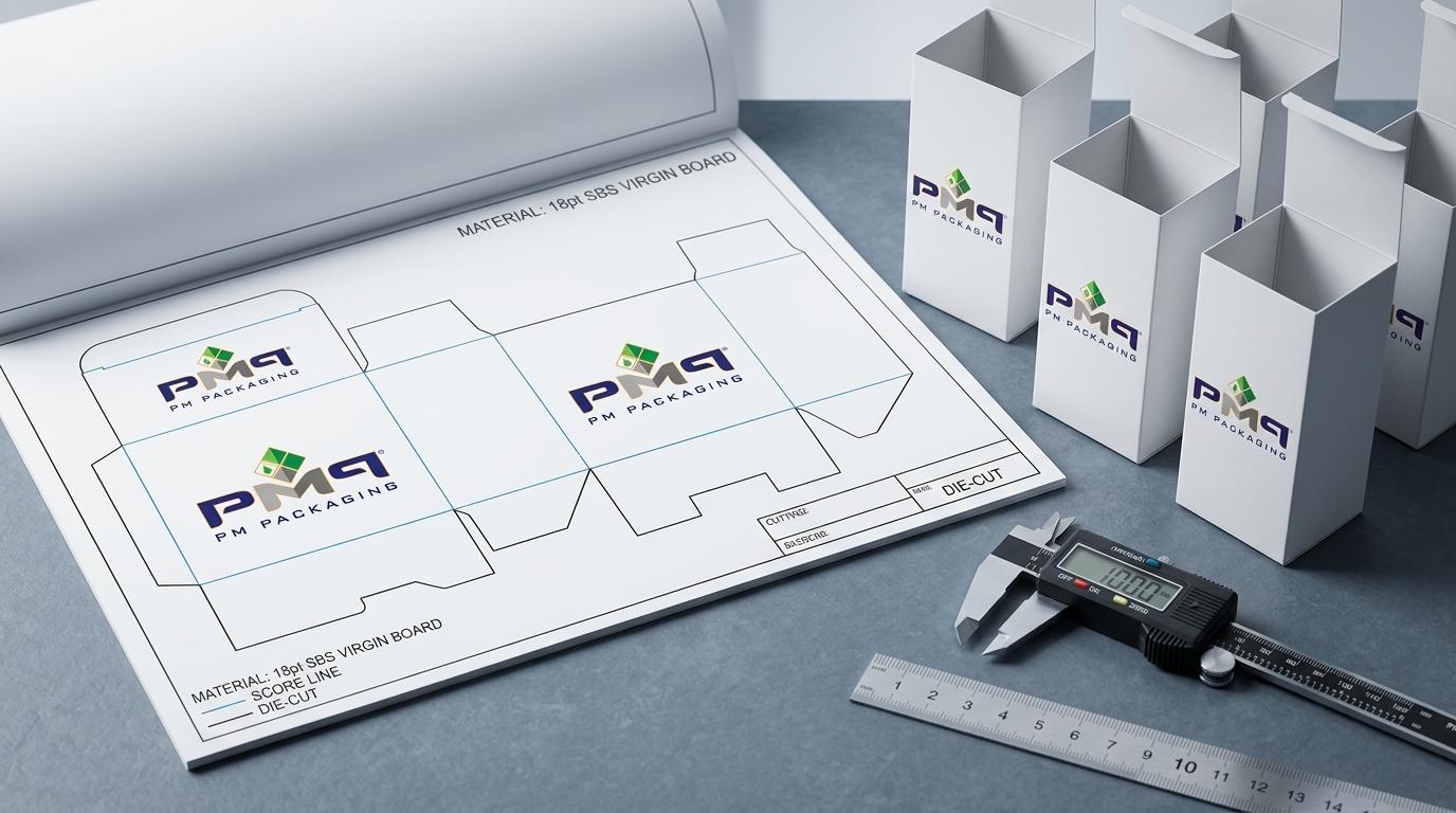 Folding carton CAD dieline sheet and precision paperboard carton structures with PM Packaging logo, digital caliper, and steel ruler on quality assurance workbench