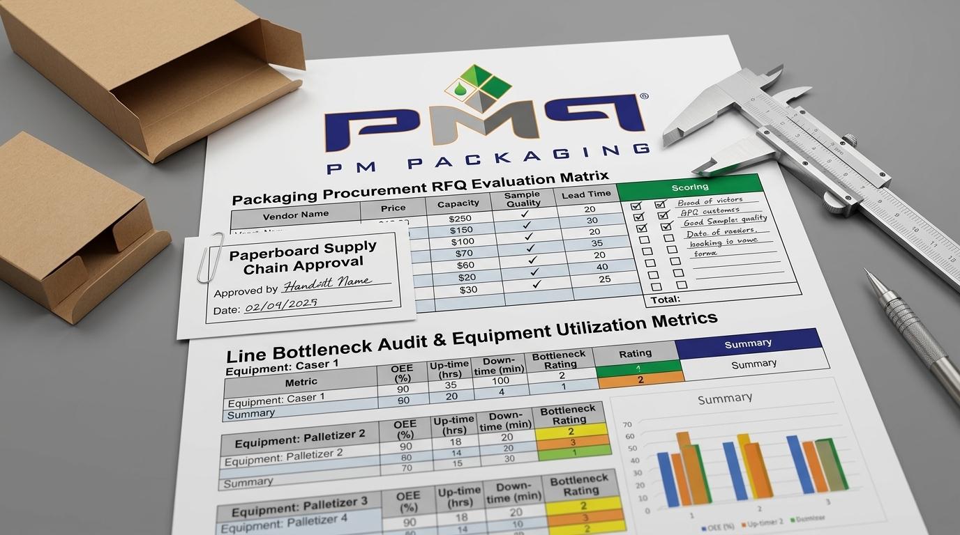 Packaging procurement RFQ evaluation matrix and line bottleneck audit document with PM Packaging logo