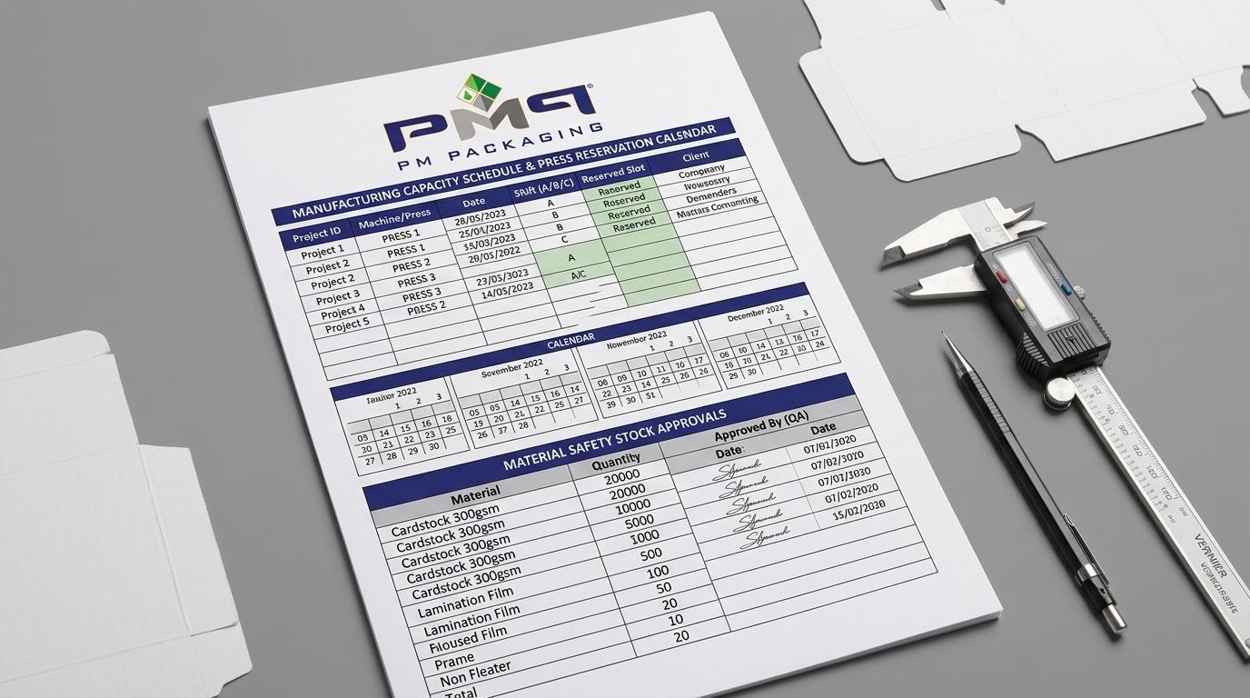 Dedicated manufacturing capacity schedule and press reservation calendar document showing reserved shift slots with PM Packaging logo