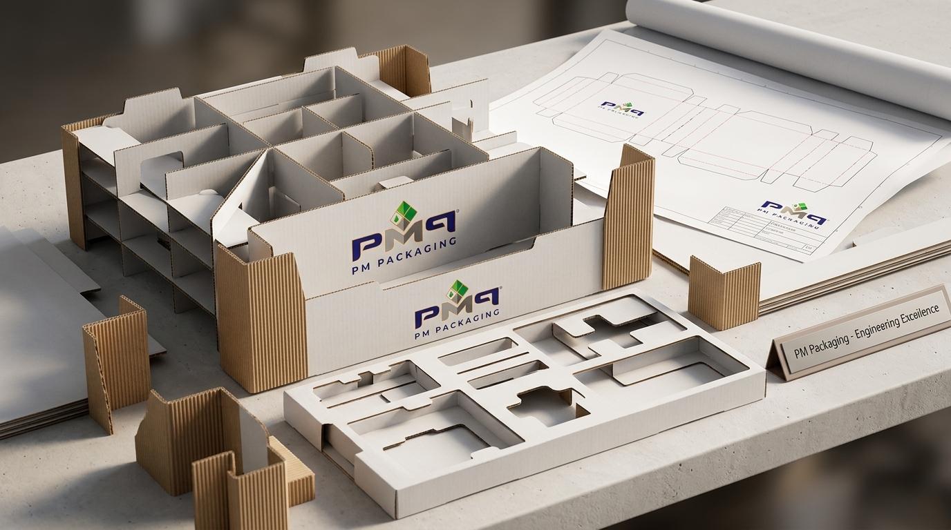 Commercial packaging engineering structures for heavy kitchen appliances showing multi-tier litho-laminated microflute suspension trays, precision die-cut accessory inserts, corner supports, and CAD dielines with PM Packaging branding
