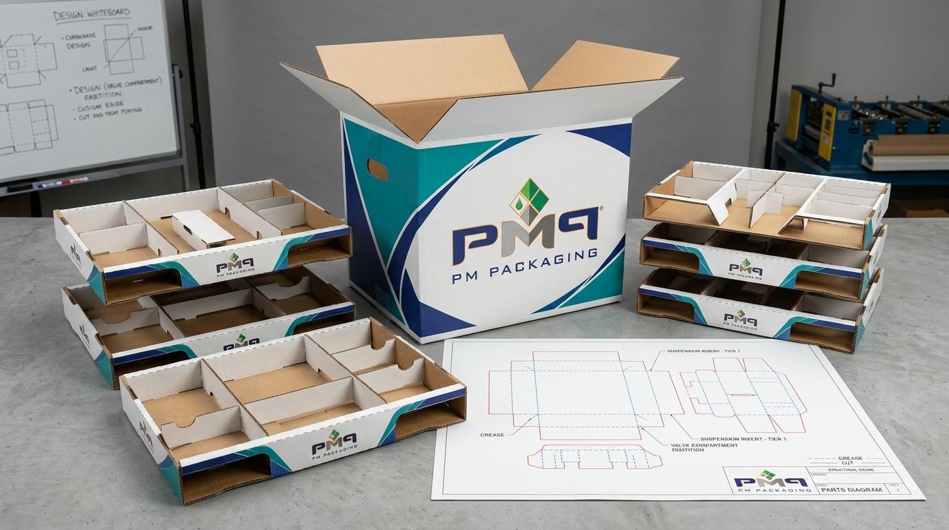 Commercial HVAC packaging engineering showing litho-laminated SFL microflute master box, custom multi-tier partitioned corrugated suspension insert trays, and structural CAD dieline diagram with PM Packaging branding