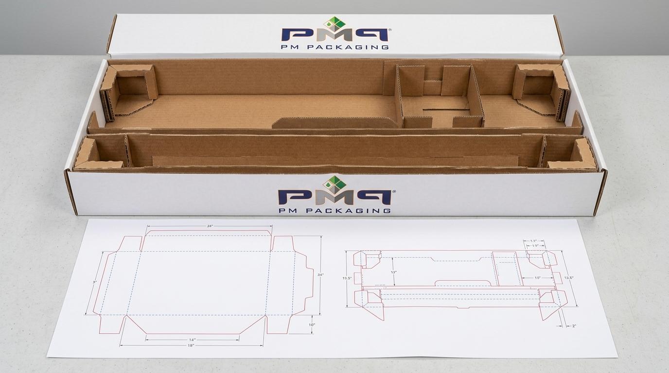Structural packaging engineering for commercial lighting: Heavy-duty litho-laminated single-face flute (SFL) master carton with modular multi-tier corrugated suspension trays, driver compartments, and precision CAD dielines engineered by PM Packaging