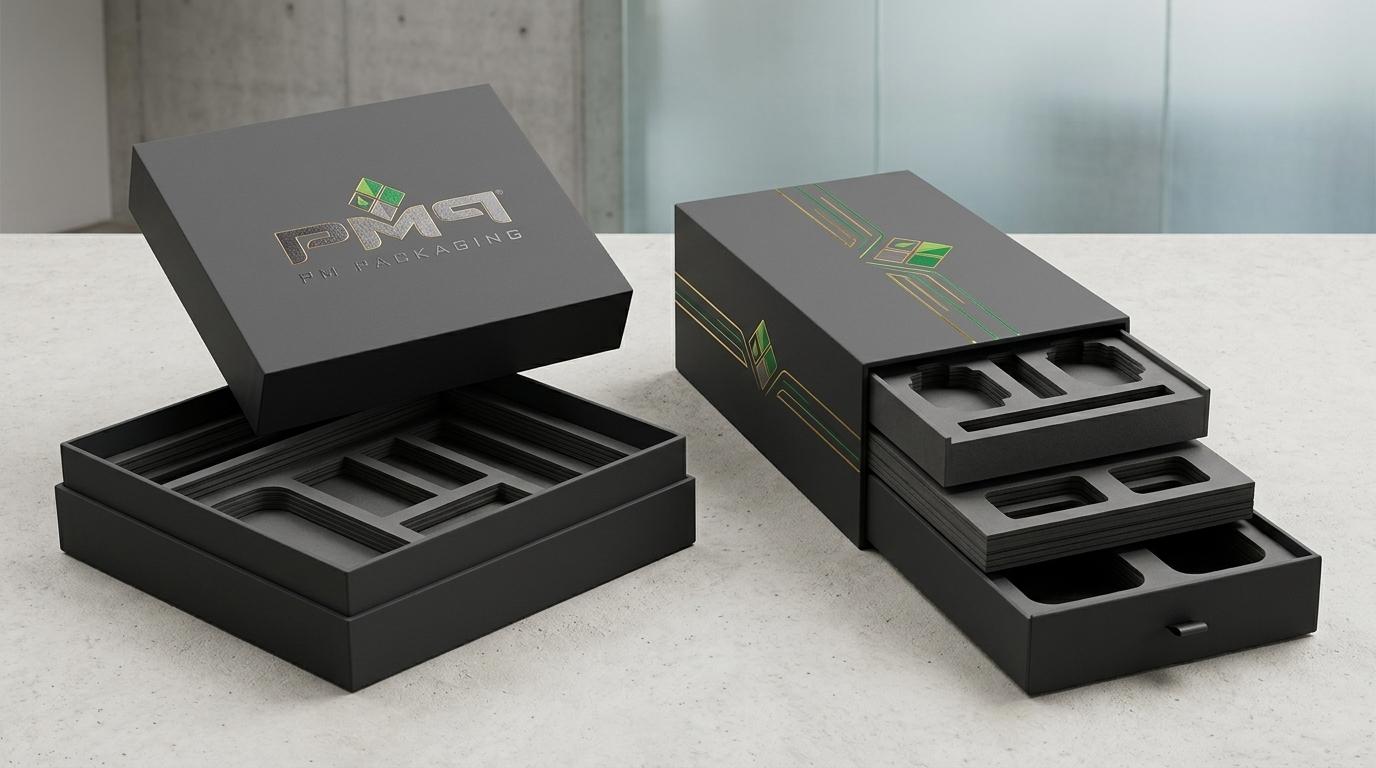 Open multi-tier luxury rigid setup box with precision die-cut insert trays alongside companion drawer box with PM Packaging logo