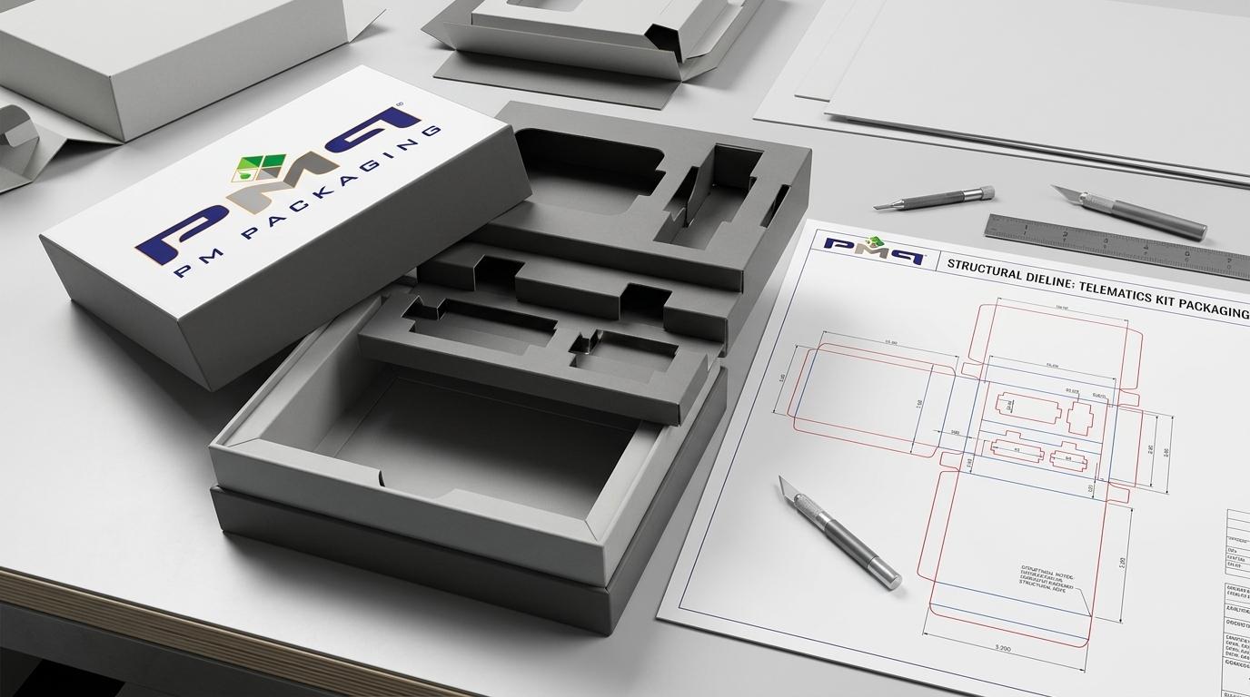 Structural packaging architecture for connected electronics showing open rigid setup box and CAD dieline engineered by PM Packaging