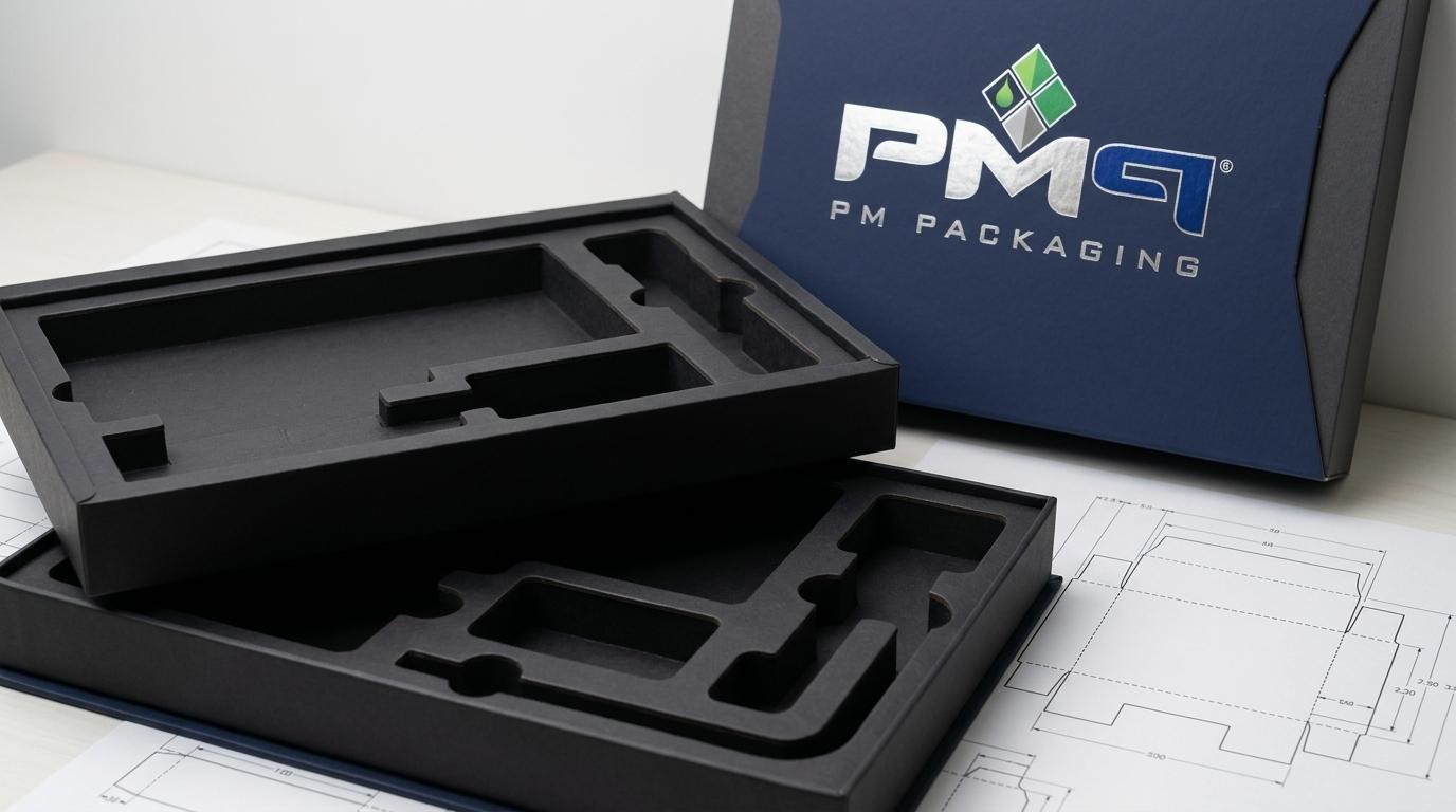 Custom two-piece shoulder-neck rigid setup box, multi-tier precision die-cut paperboard insert platforms, and technical CAD dieline sheet with PM Packaging branding
