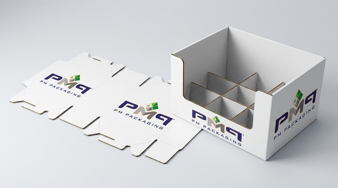 Litho-Laminated Single Face Laminate SFL flat dieline blank alongside an erected retail display tray with internal partitions featuring PM Packaging branding