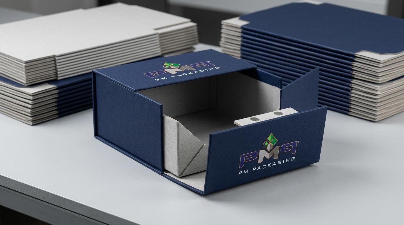 Collapsible magnetic rigid box structural engineering showcase showing CNC V-grooved 90-degree folding corners, flush embedded neodymium magnets, and flat-packed KDF blanks with PM Packaging branding